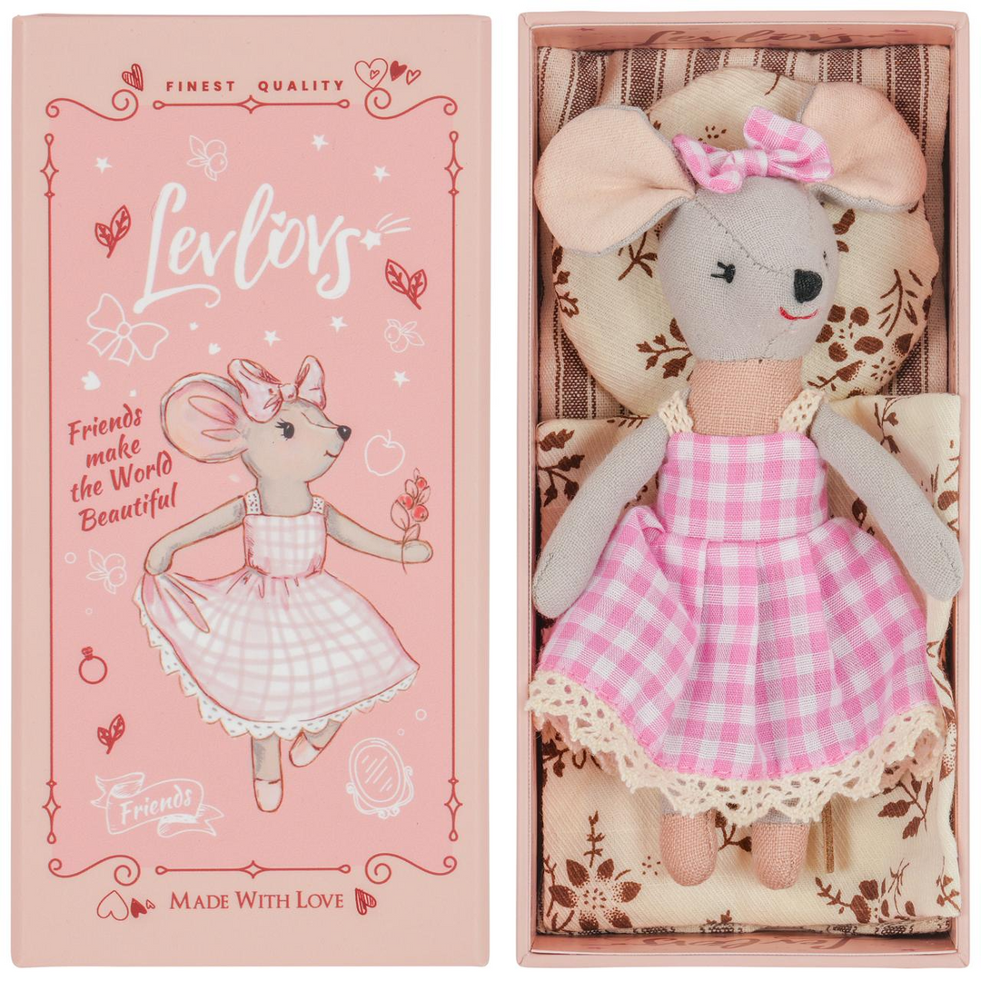Stuffed mouse toy in a pink dress with a matching box featuring 'Lev & Lova' branding.