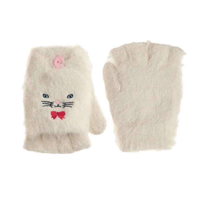 A pair of cream-colored faux fur winter gloves, one showing the front with an embroidered cat face and red bow tie, and the other showing the back, on a white background.