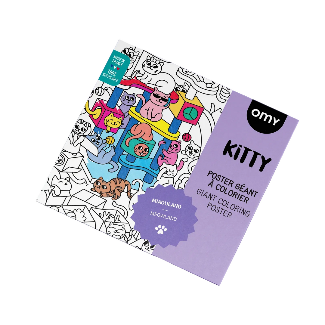 Coloring poster with cat illustrations on a purple background