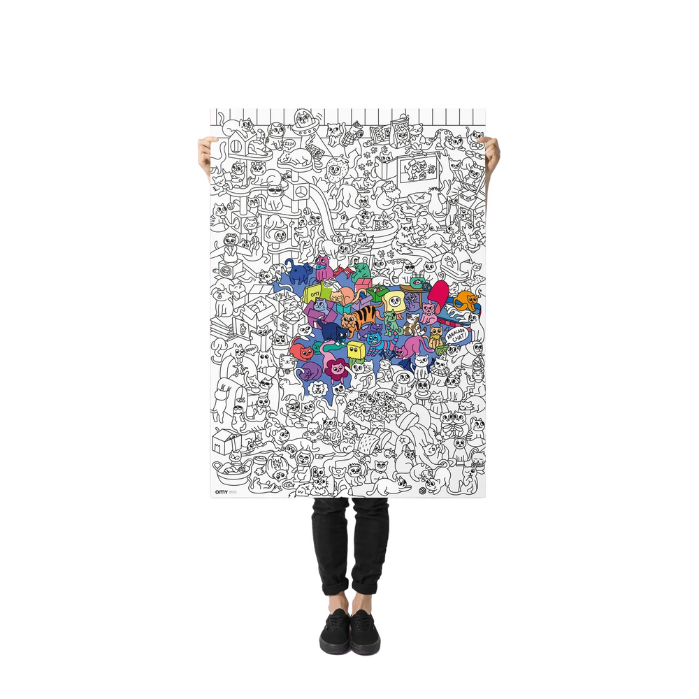 Person holding a large coloring poster with colorful illustrations on a purple background