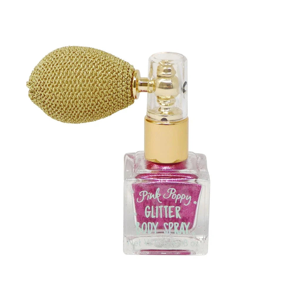 Pink Poppy Glitter Body Spray with a clear glass bottle, pink glitter liquid inside, a gold metallic collar, and a textured gold spray nozzle, shown on a white background.