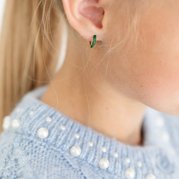 Hypoallergenic Gold and Green Enamel Hoop Earrings