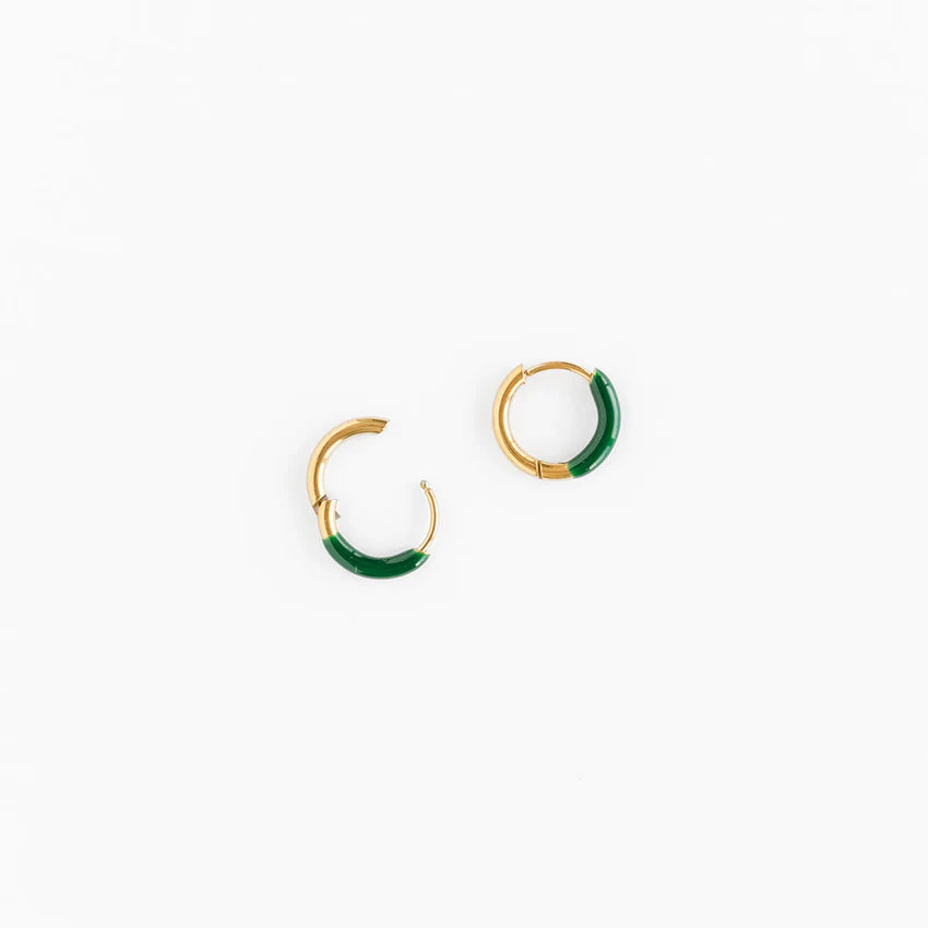 Hypoallergenic Gold and Green Enamel Hoop Earrings