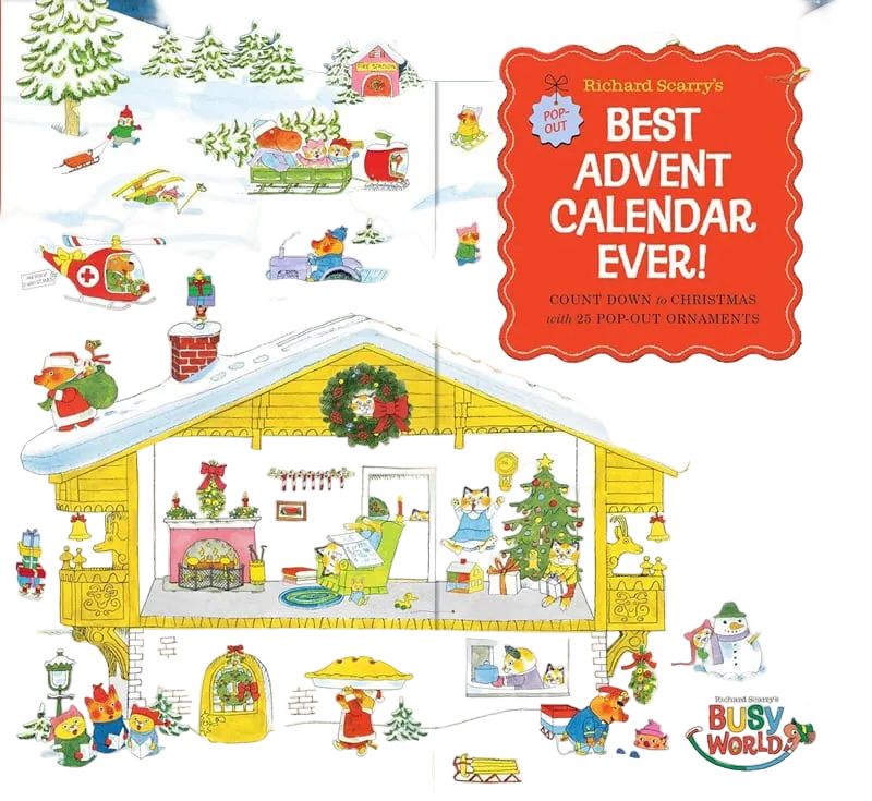 Front cover of the children's activity book Richard Scarry's Best Advent Calendar Ever! by Busy World, featuring a snowy Christmas village scene with a yellow cabin, red title panel, and many festive illustrations.