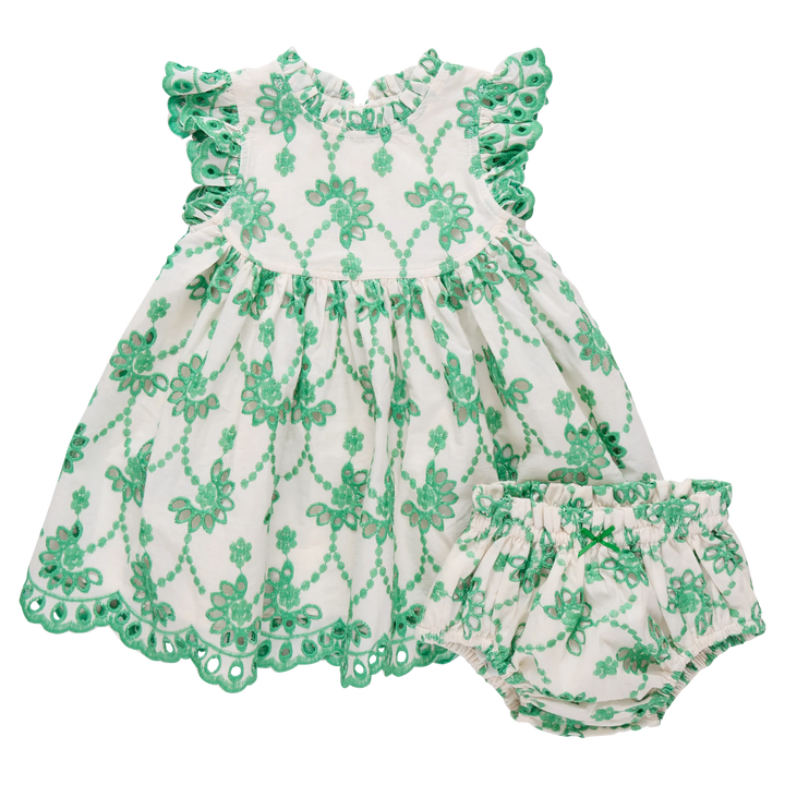 Kelly Green Eyelet Cynthia Baby Dress + Bloomers