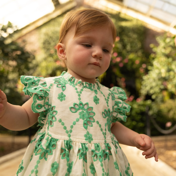 Kelly Green Eyelet Cynthia Baby Dress + Bloomers