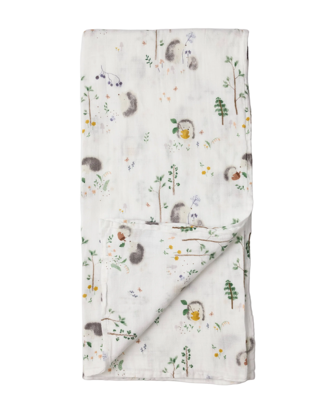 Folded blanket with forest animal pattern on a white background