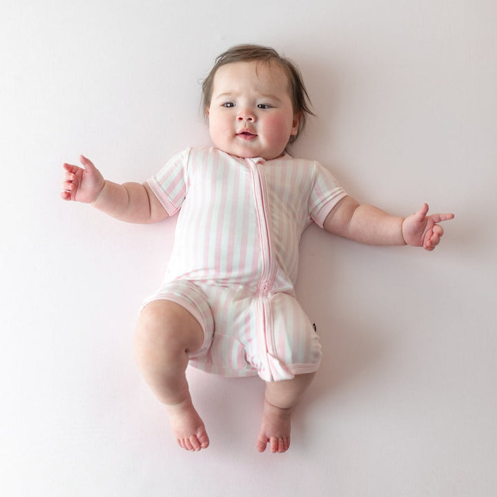 Sakura Stripe Zipper Shortall Romper