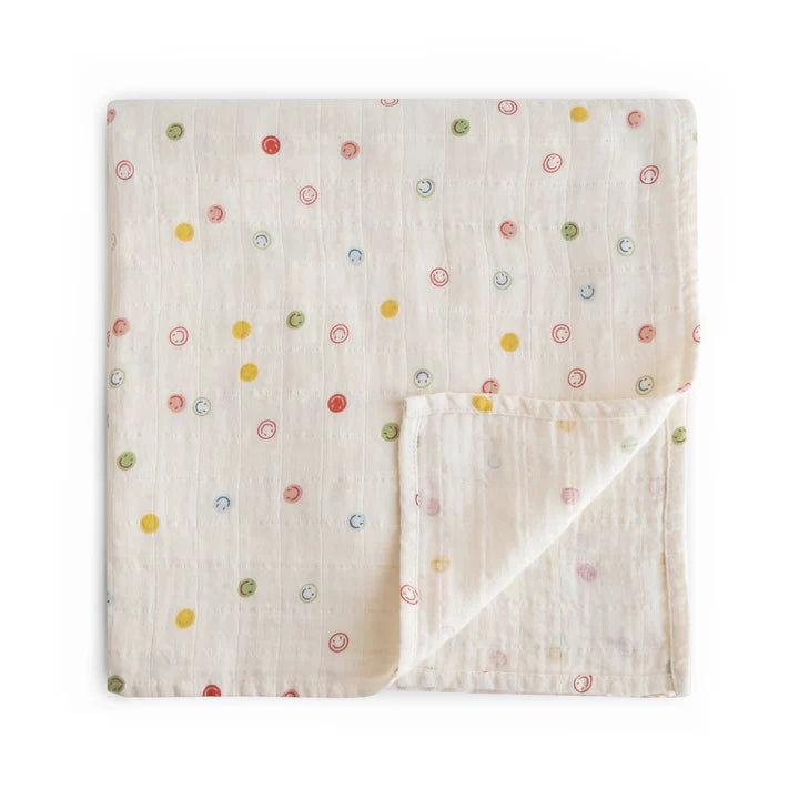 Organic Cotton Muslin Swaddle Blanket Smiley Face
