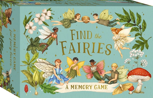 Memory game box with fairies and nature-themed design on a light blue background