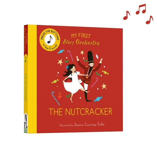 My First Story Orchestra: The Nutcracker board book with a red cover and yellow spine, featuring an illustration of a nutcracker and a girl dancing. The book is shown on a white background with red musical notes floating in the upper right corner.