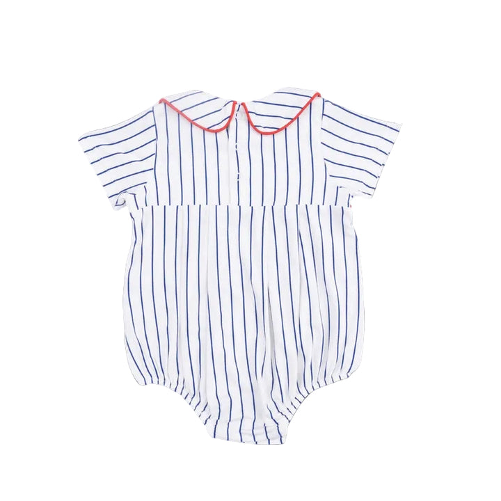 Navy Baseball Stripe Box Pleat Bubble Romper