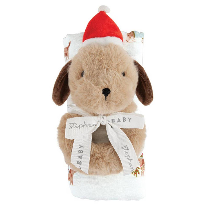 Swaddle Blanket and Dog in Santa Hat Plush Rattle