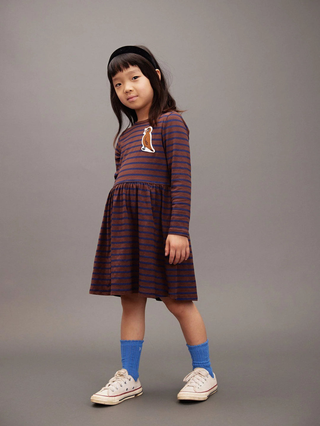 Brown Stripe Bird Patch L/S Dress