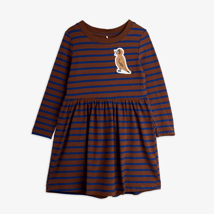 Brown Stripe Bird Patch L/S Dress