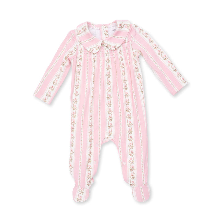 Smocked Peter Pan Snap Footie - Pink Antoinette Stripe