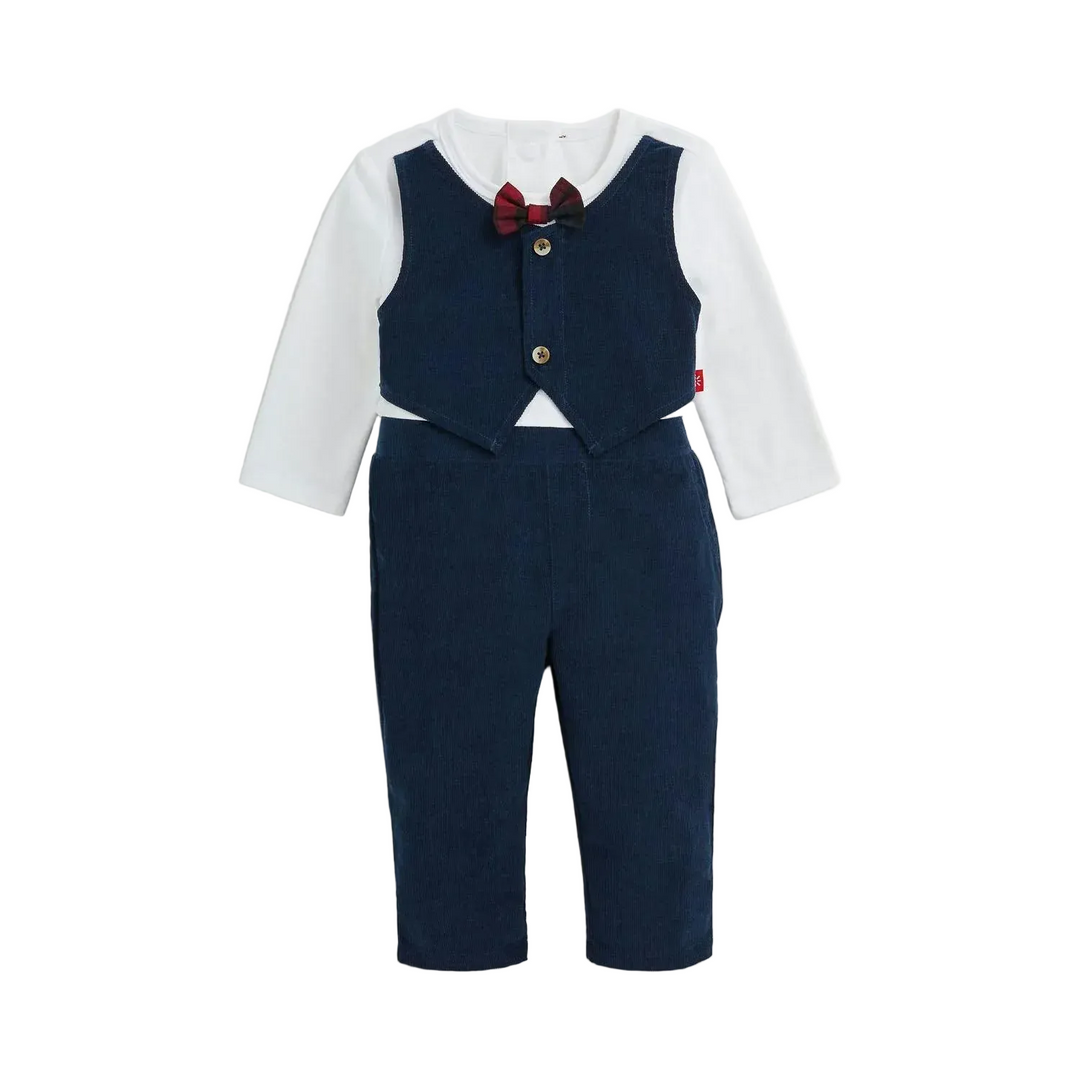 Corduroy Dress Romper w/ Bow Tie - Blue