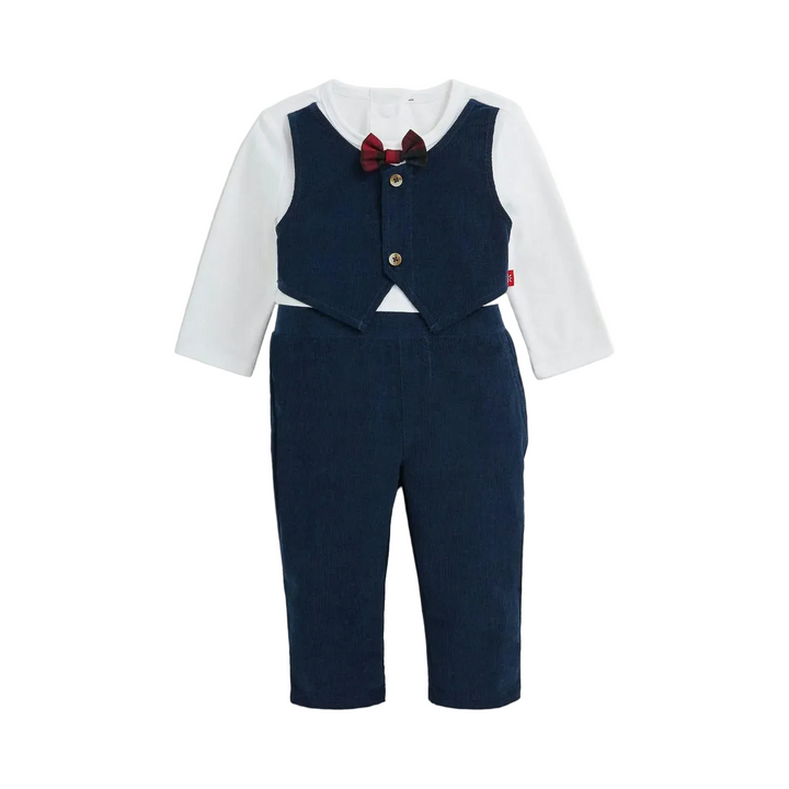 Corduroy Dress Romper w/ Bow Tie - Blue