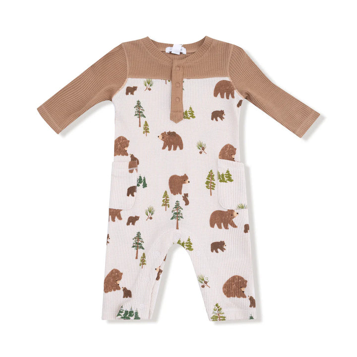 Sweet Brown Bears Romper with Contrast Sleeves