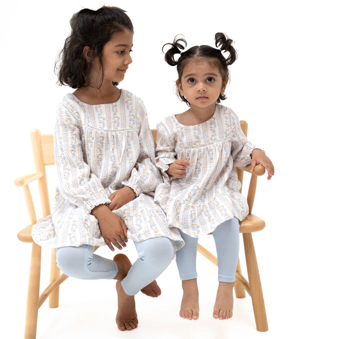 Puff Sleeve Tiered Dress w/ Leggings - Blue Catarina Floral