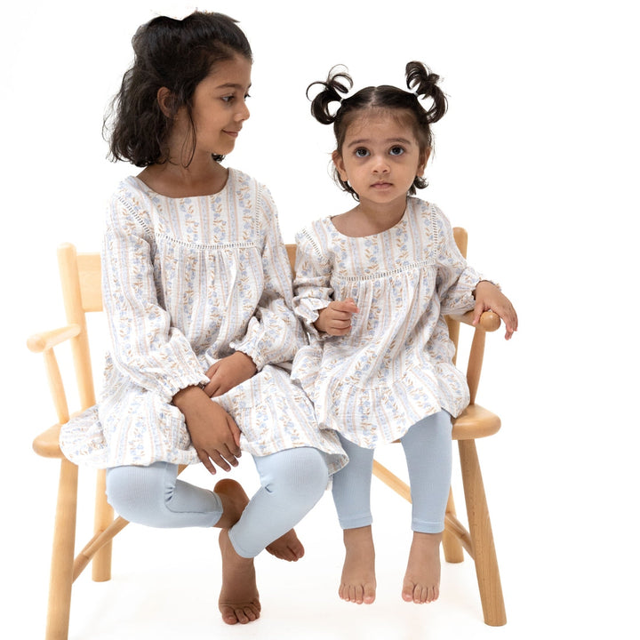Puff Sleeve Tiered Dress w/ Leggings - Blue Catarina Floral