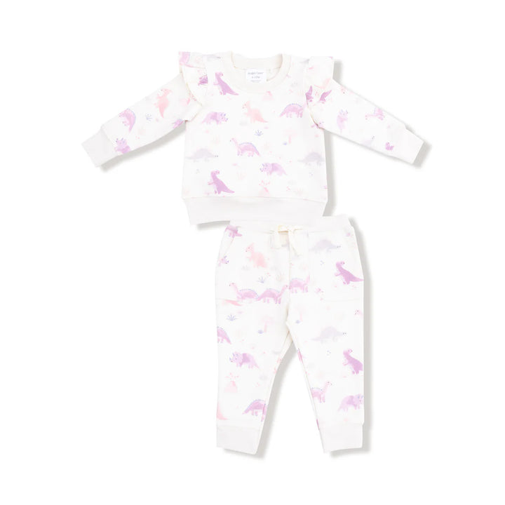 Purple Soft Dinos French Terry Ruffle Sweatshirt and Jogger Pant Set