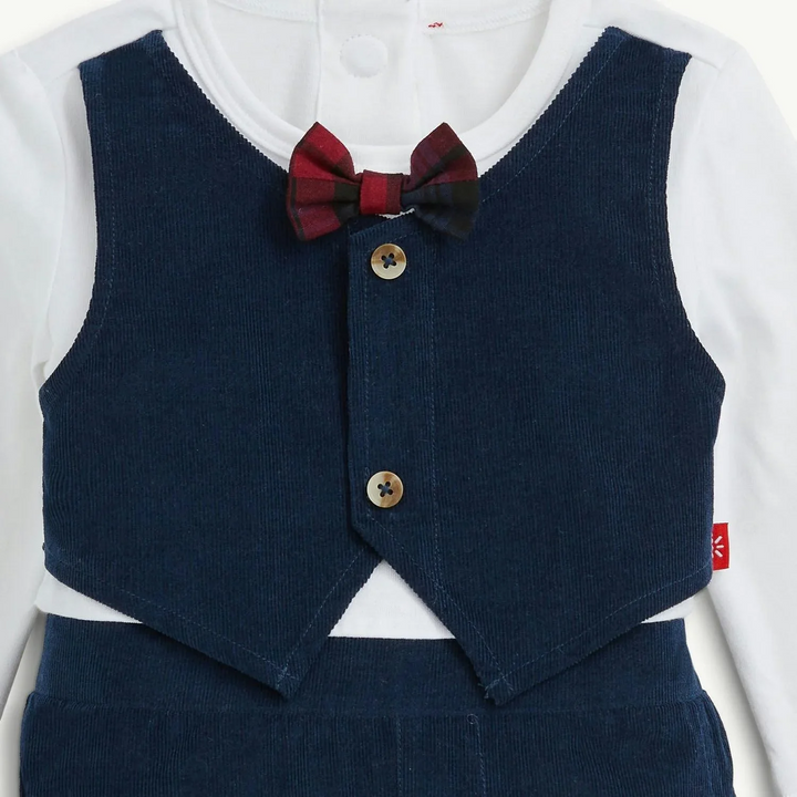 Corduroy Dress Romper w/ Bow Tie - Blue