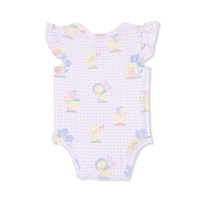Pink Vintage Spring Ducklings Ruffle Sleeve Bodysuit