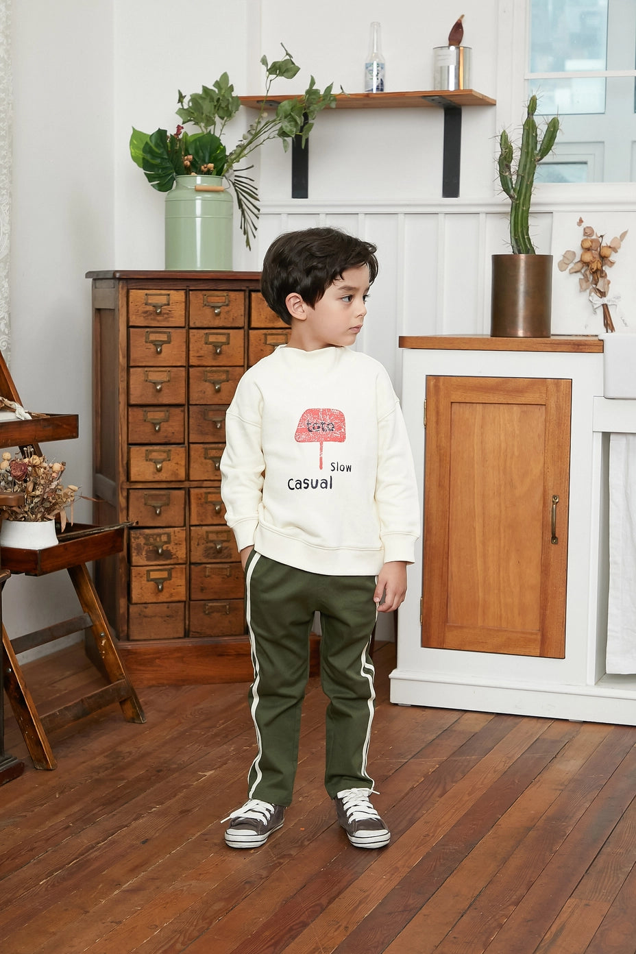 Khaki Side Stripe Pull-On Cotton Pants