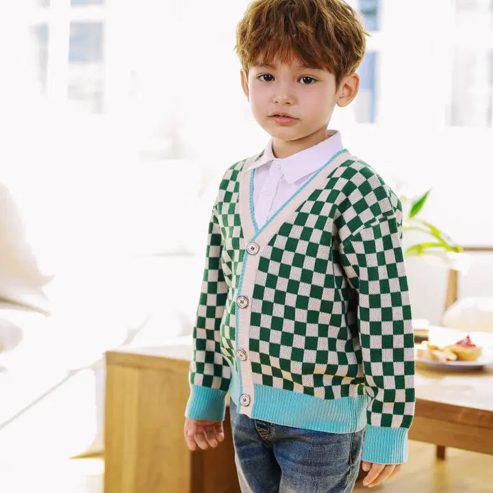 Colorblock Checkered Jacquard Cardigan