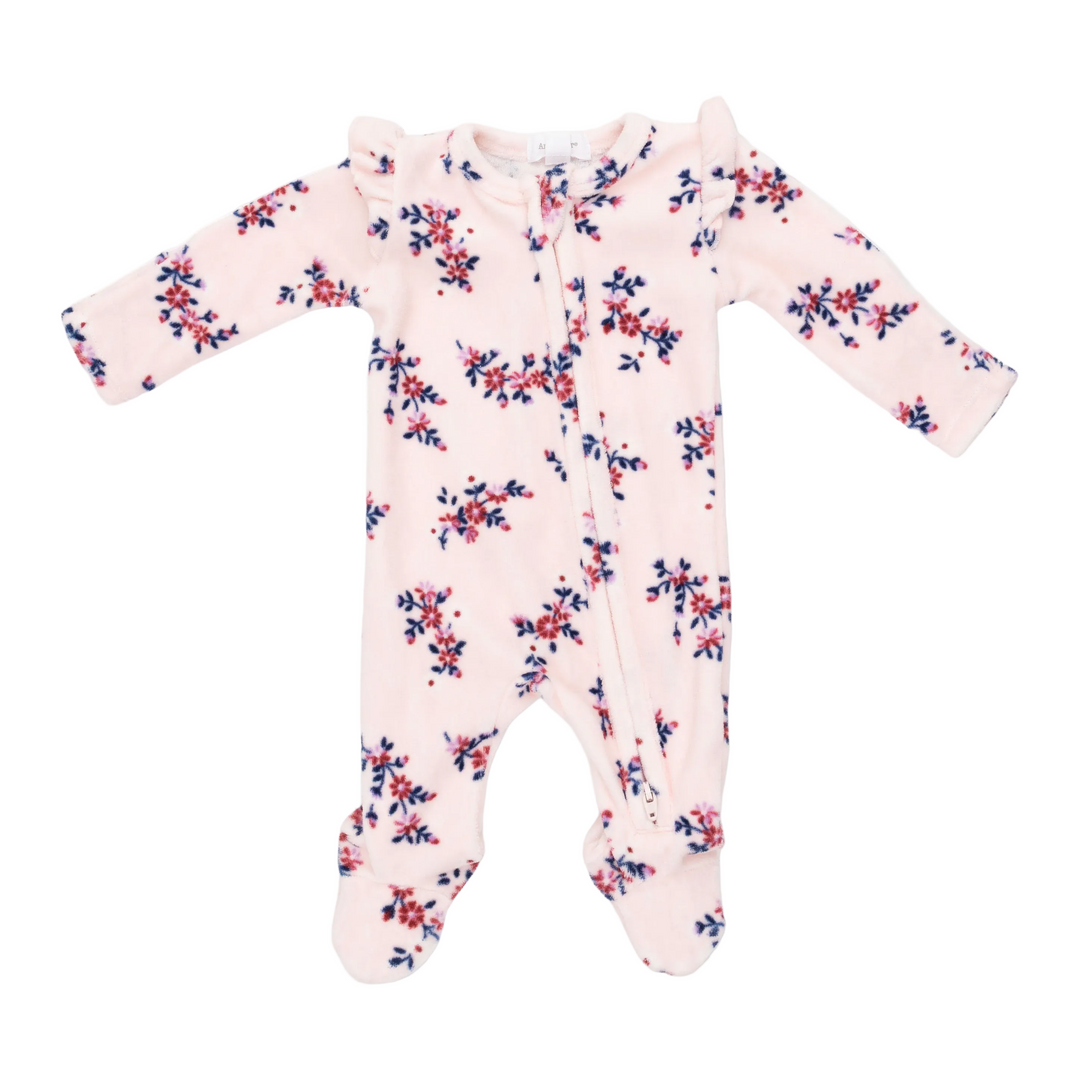 Ruffle Sleeve Zipper Footie - Nora Floral Velour
