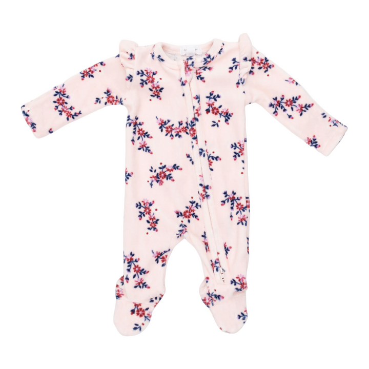 Ruffle Sleeve Zipper Footie - Nora Floral Velour