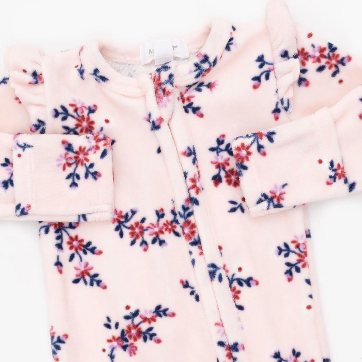 Ruffle Sleeve Zipper Footie - Nora Floral Velour