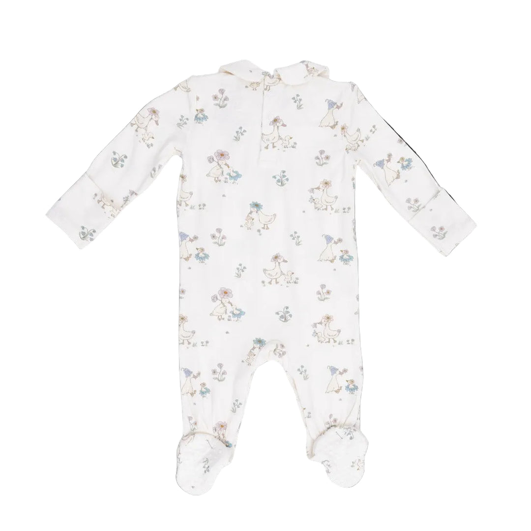 Ivory Flower Ducklings Smocked Peter Pan Snap Footed Romper