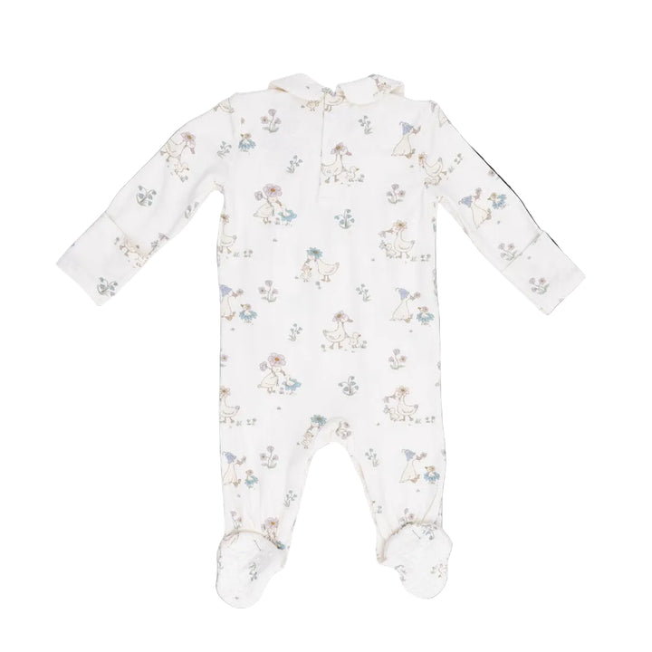 Ivory Flower Ducklings Smocked Peter Pan Snap Footed Romper