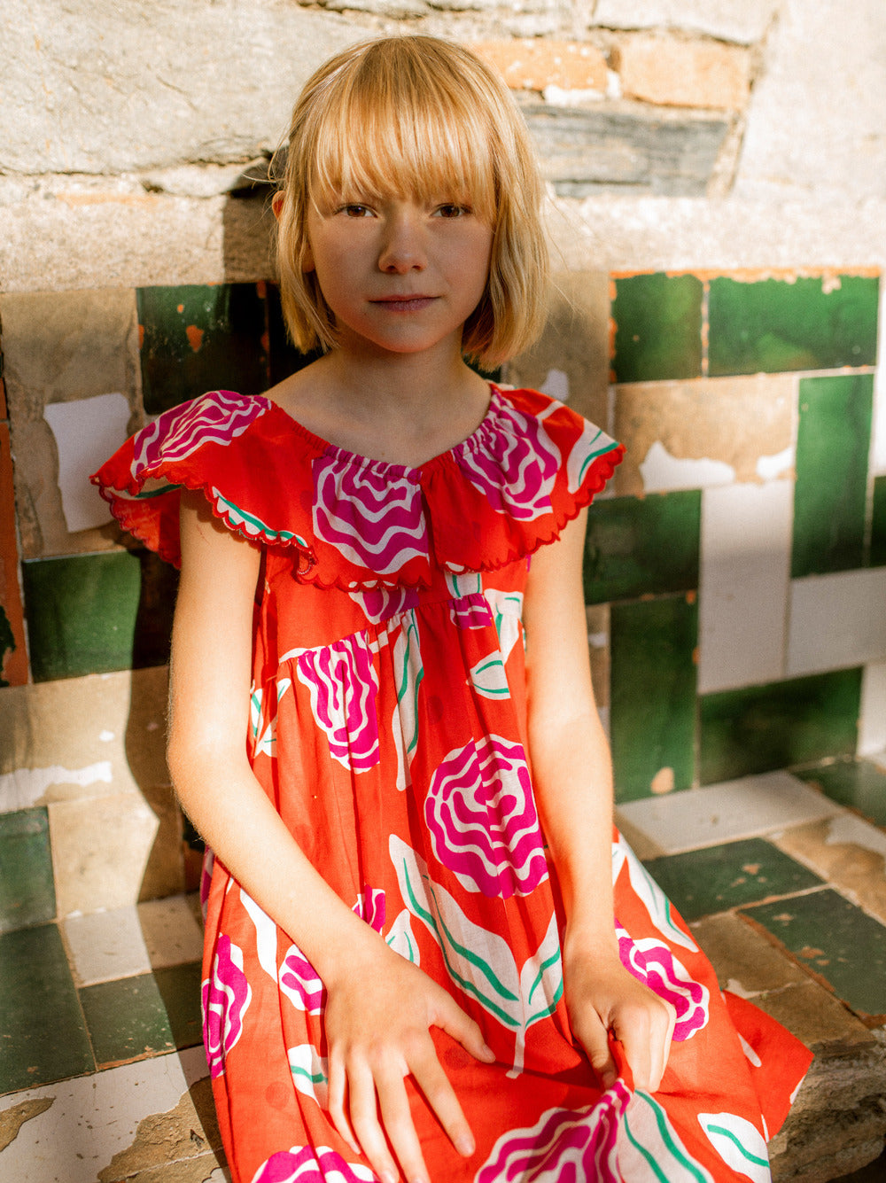 Flamenco Carnation Flutter Sleeve Woven Dress