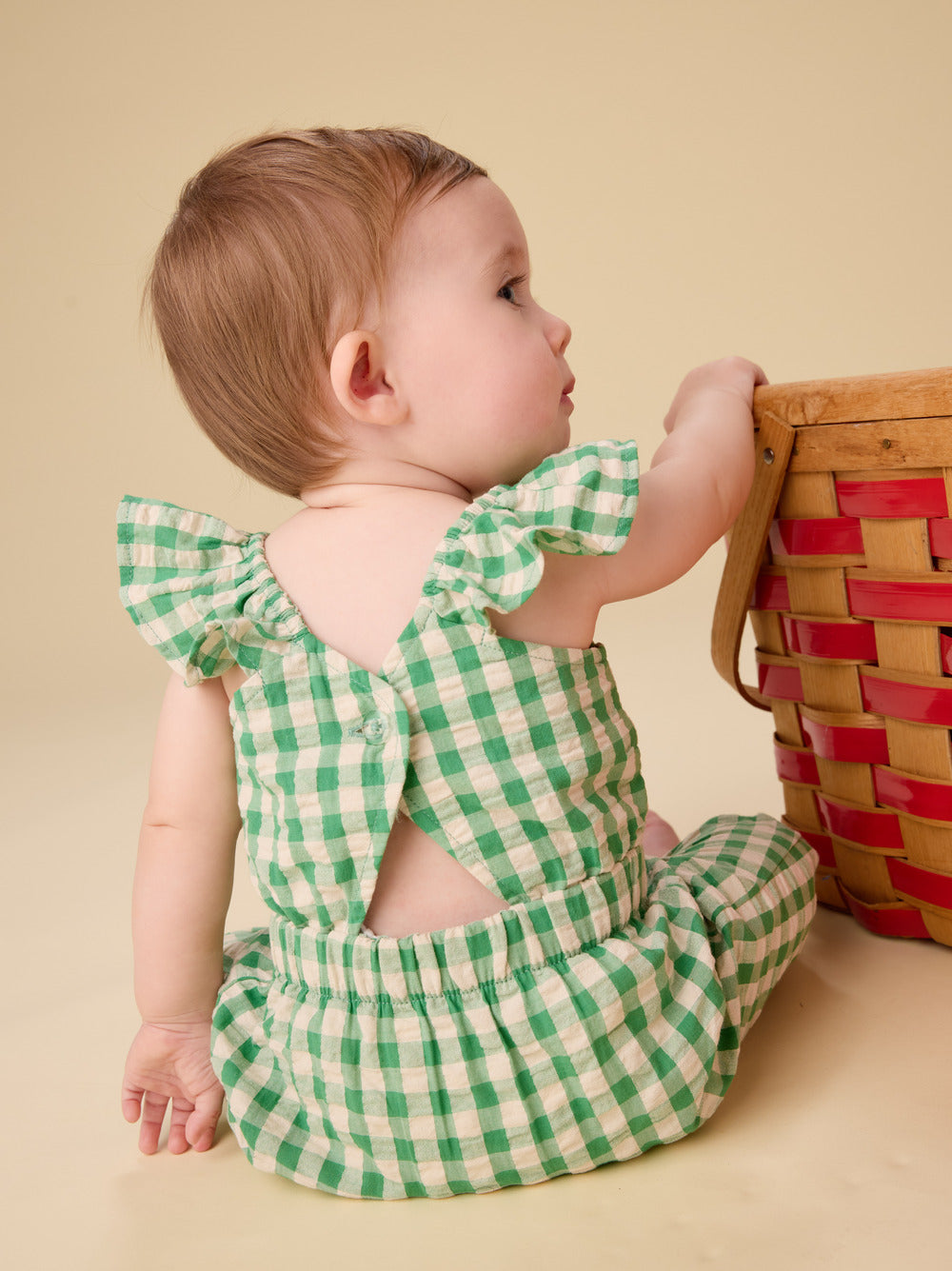 Garden Party Check Flutter Button Back Romper