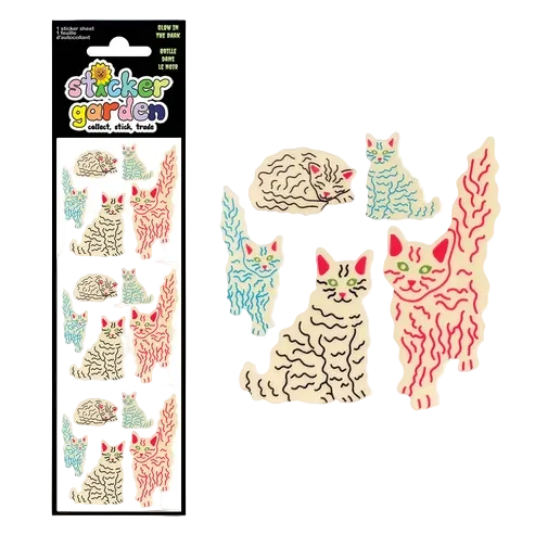 Sucker Garden collect sticker book featuring cute cartoon cats in various poses, shown both in its black packaging on the left and as individual stickers on the right against a white background.