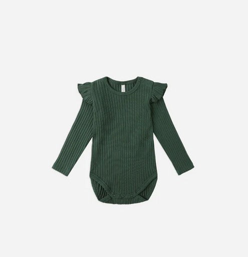 Green L/S Ruffle Shoulder Bodysuit