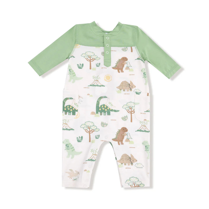 Baby Love Dinos Green Contrast Sleeve Romper