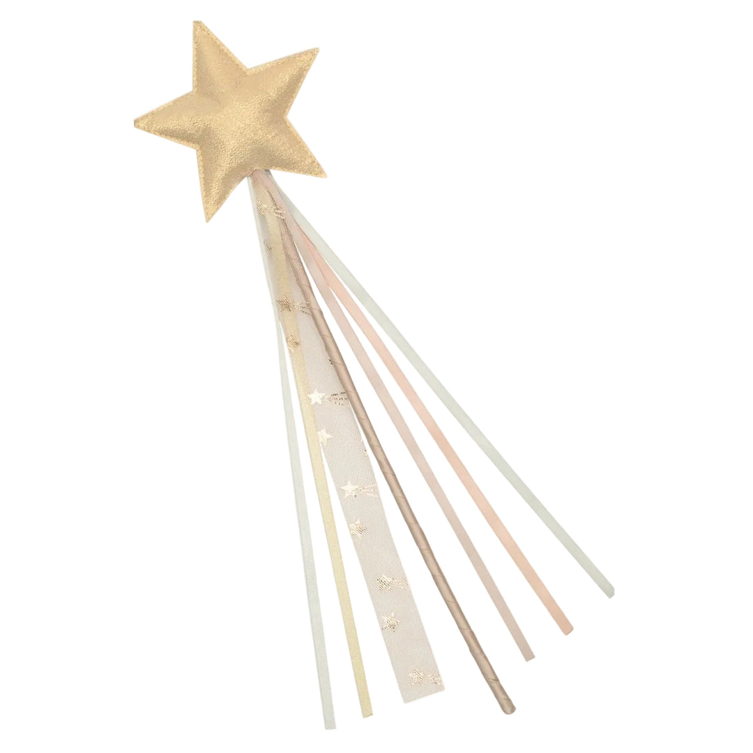 A gold fabric star wand topper with six delicate ribbon tails in soft pastel shades of pink, beige, and white, some decorated with tiny gold stars, shown on a plain off-white background.