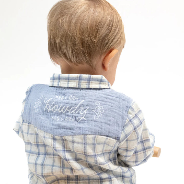 Blue Plaid Howdy L/S Western Pearl Snap Shirt