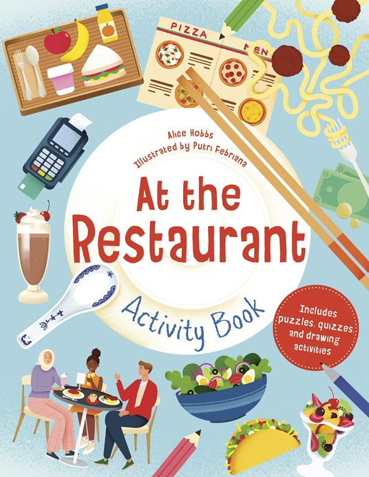 Children's activity book titled 'At the Restaurant' with illustrations of food and activities on a blue background.