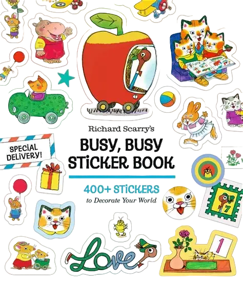 Busy, Busy Sticker Book by Richard Scarry with colorful stickers on a white background