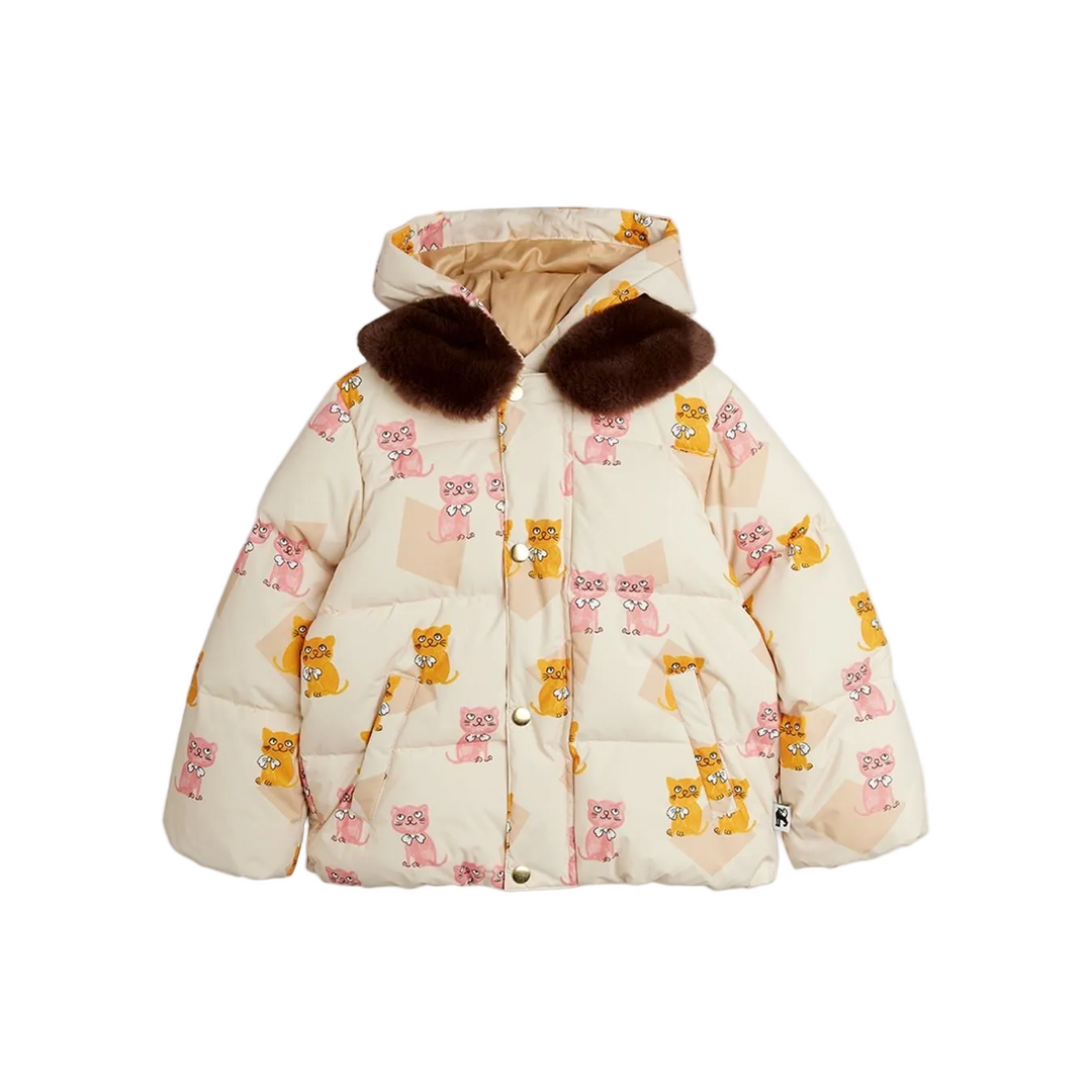 Faux Fur Collar Puffer - Kittens AOP