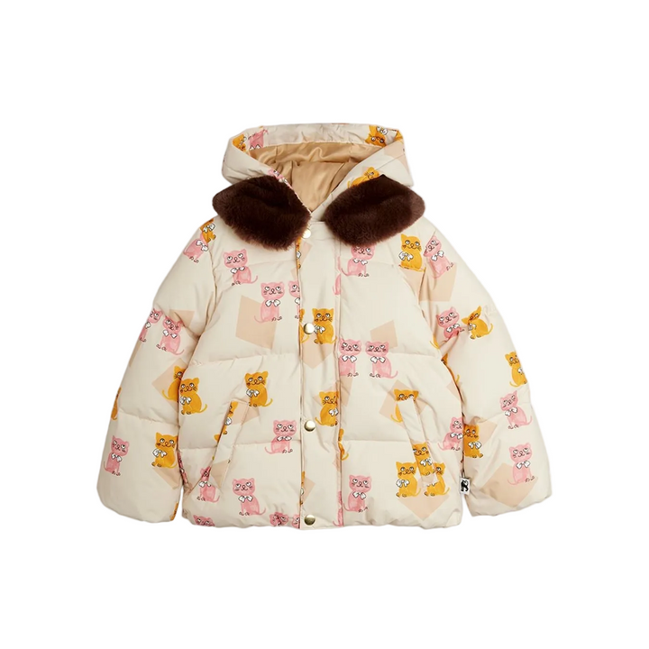 Faux Fur Collar Puffer - Kittens AOP