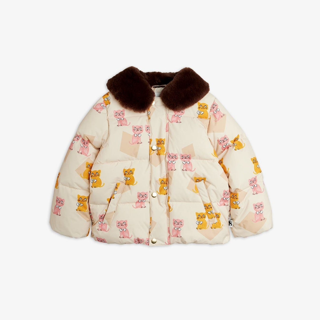 Faux Fur Collar Puffer - Kittens AOP