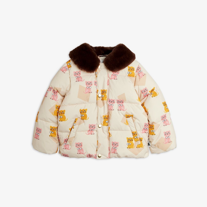 Faux Fur Collar Puffer - Kittens AOP