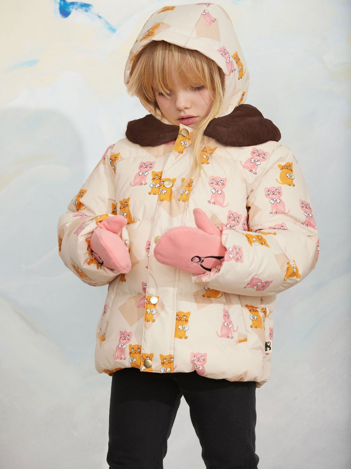 Faux Fur Collar Puffer - Kittens AOP