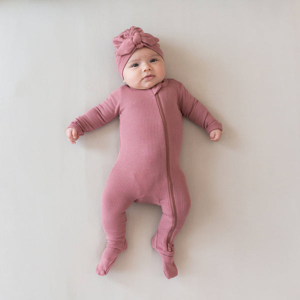 Dusty Rose Ribbed Zipper Footed Romper